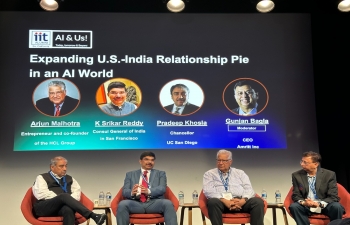 Consul General, Dr. K. Srikar Reddy, participated in the panel discussion on 'Expanding U.S-India Relationship in an AI World' at the second IIT Alumni-SoCal Conference in San Diego on 14 September, 2024. His co- panelists included Chancellor Pradeep Khosla, UCSD and Mr. Arjun Malhotra, Co Founder HCL Group. Consul General talked about new milestones in India -U.S relationship in AI & Semiconductors sectors, especially under the i-CET framework. He also encouraged IITians to become partners in India's journey to become a developed nation by 2047.